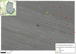 Abbildung 2: Die untersuchte Aufnahme mit den erkannten Pflanzen und einem Sicherheitspuffer von einem bzw. zwei Metern für eine mögliche Unkrautbehandlung.